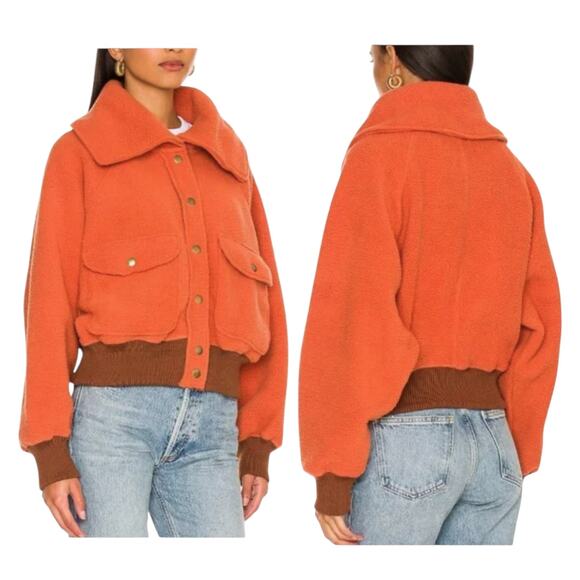 FREE PEOPLE Shasta Cardi Sherpa Bomber Jacket Snap Closure Orange Relaxed L - Picture 2 of 14